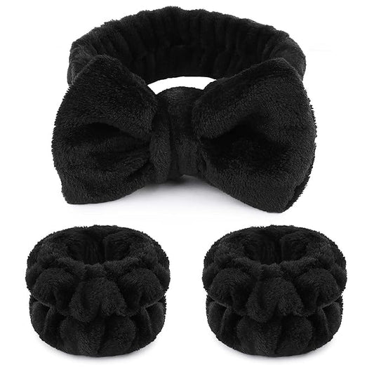 1pcs Black Spa Headband Fluffy Bow Tie Headband